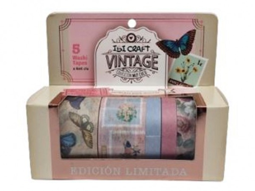 [55775] WASHI TAPE BOX 5 ROLLOS 4mt c/u VINTAGE