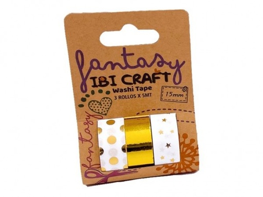 [55798] WASHI TAPE DISPLAY 3 ROLLOS 5mt GOLD